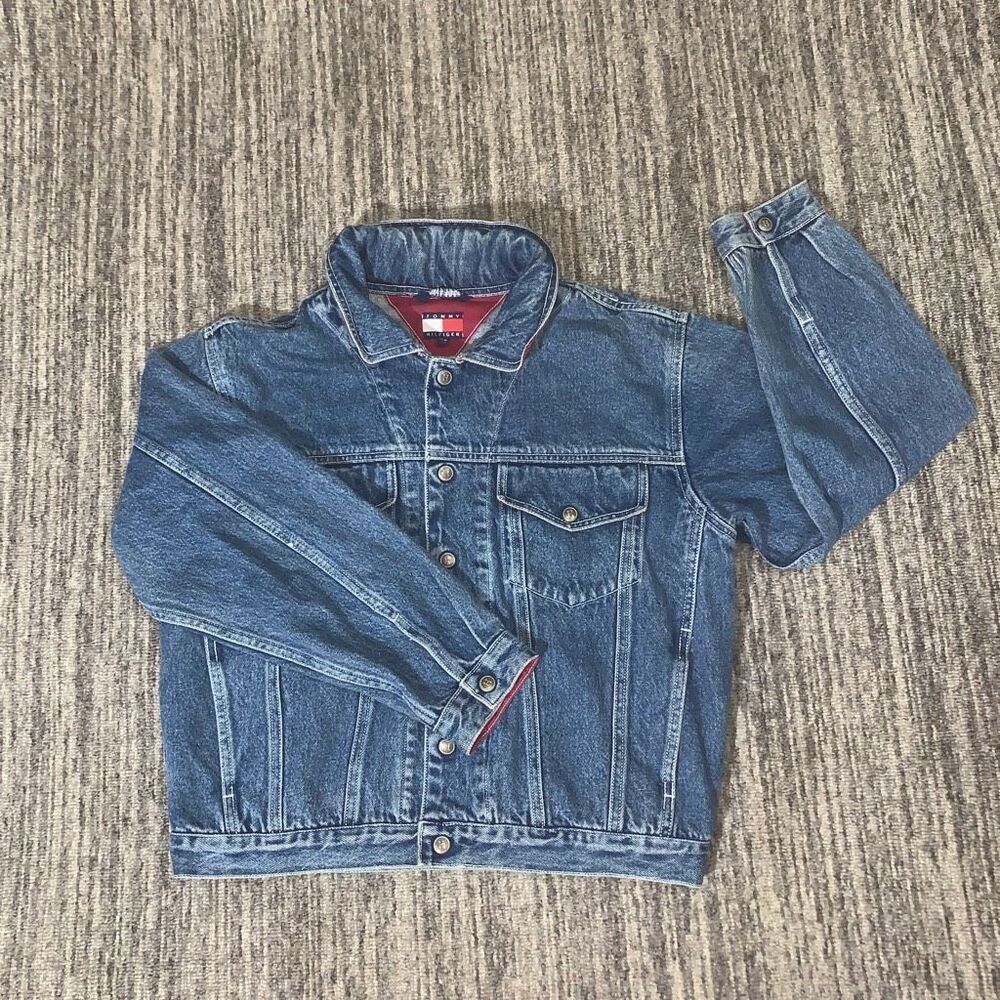VTG Tommy Hilfiger Womens Size Large Button Front Denim Jacket Blue‎ Hidden Hood